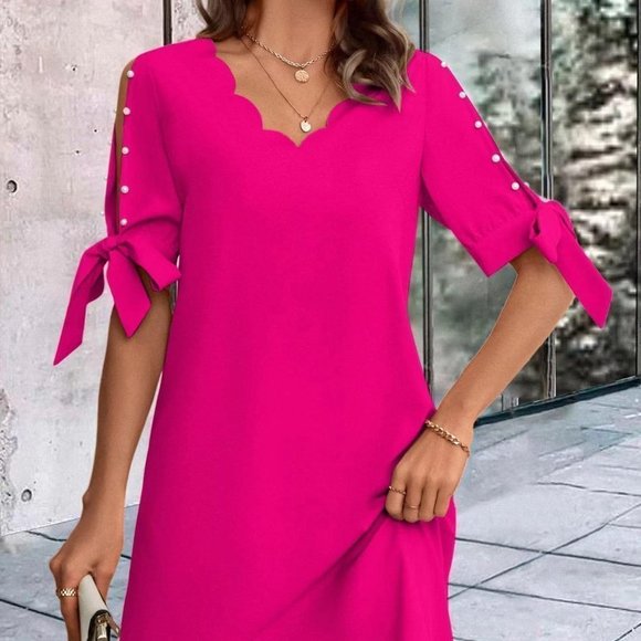 . Dresses & Skirts - HOT Pink Casual Womens Pearls Beaded Scallop Trim Knot Cuff Tunic Dress